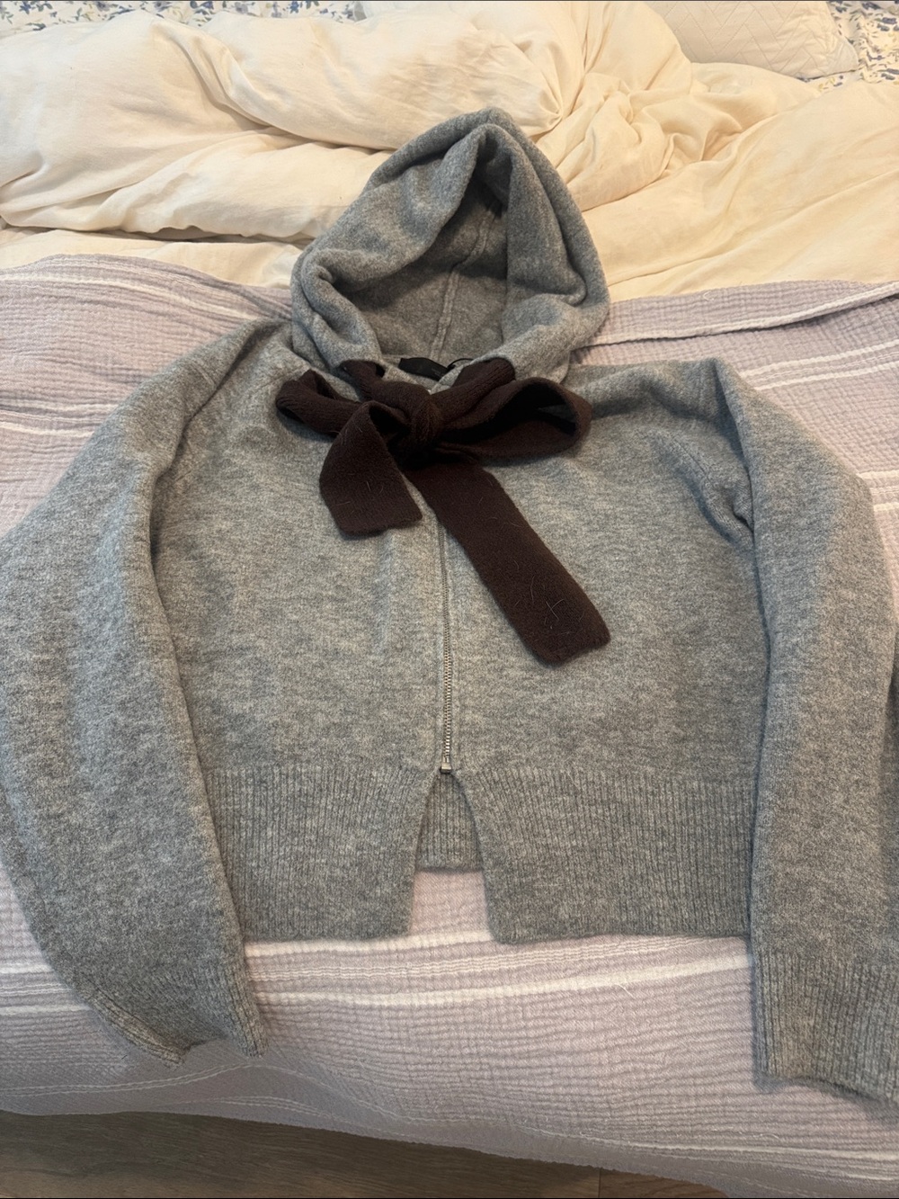 Zara Gray Hooded Zip Sweater with Brown Tie